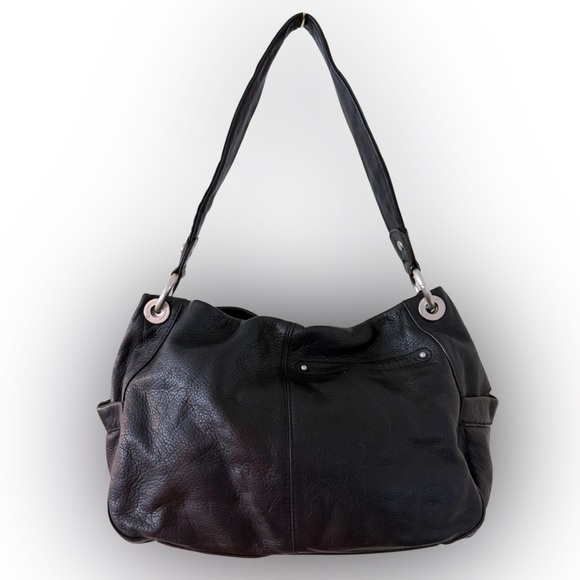 Y2K B. Makowsky Black Leather Silver Buckle Tote Shoulder Bag - Picture 2 of 7